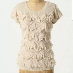 Anthro Yellow Bird Fringed Boho Sweater S Ivory